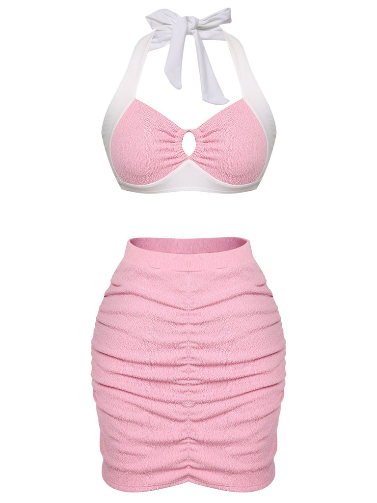 Pink 1940s Patchwork Lace-Up Halter Swimsuit
