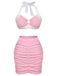 Pink 1940s Patchwork Lace-Up Halter Swimsuit