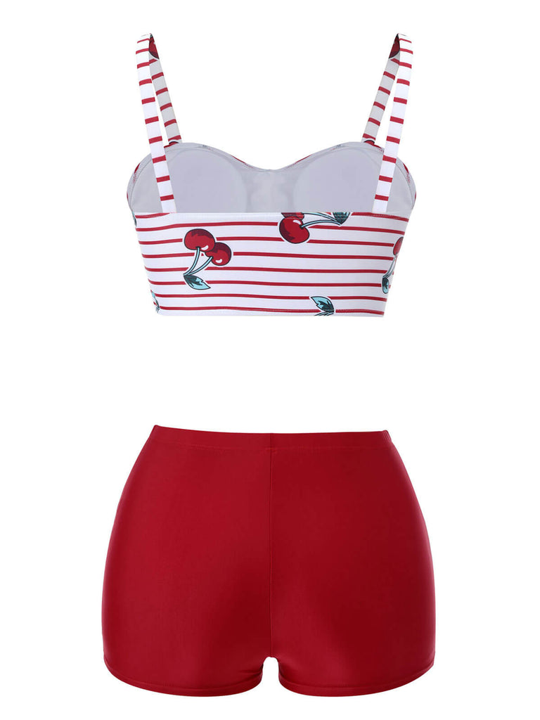 Red 1950s Striped Cherry Strap Swimsuit