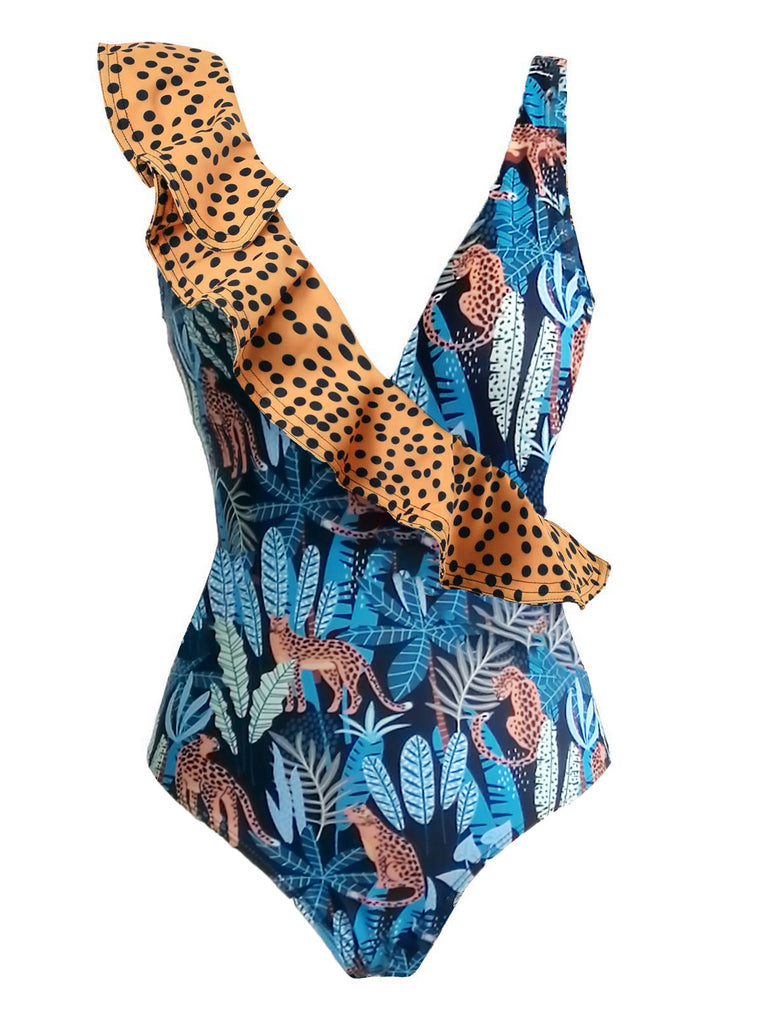 Leopard 1960s Ruffle Polka Dot Swimsuit & Cover-up