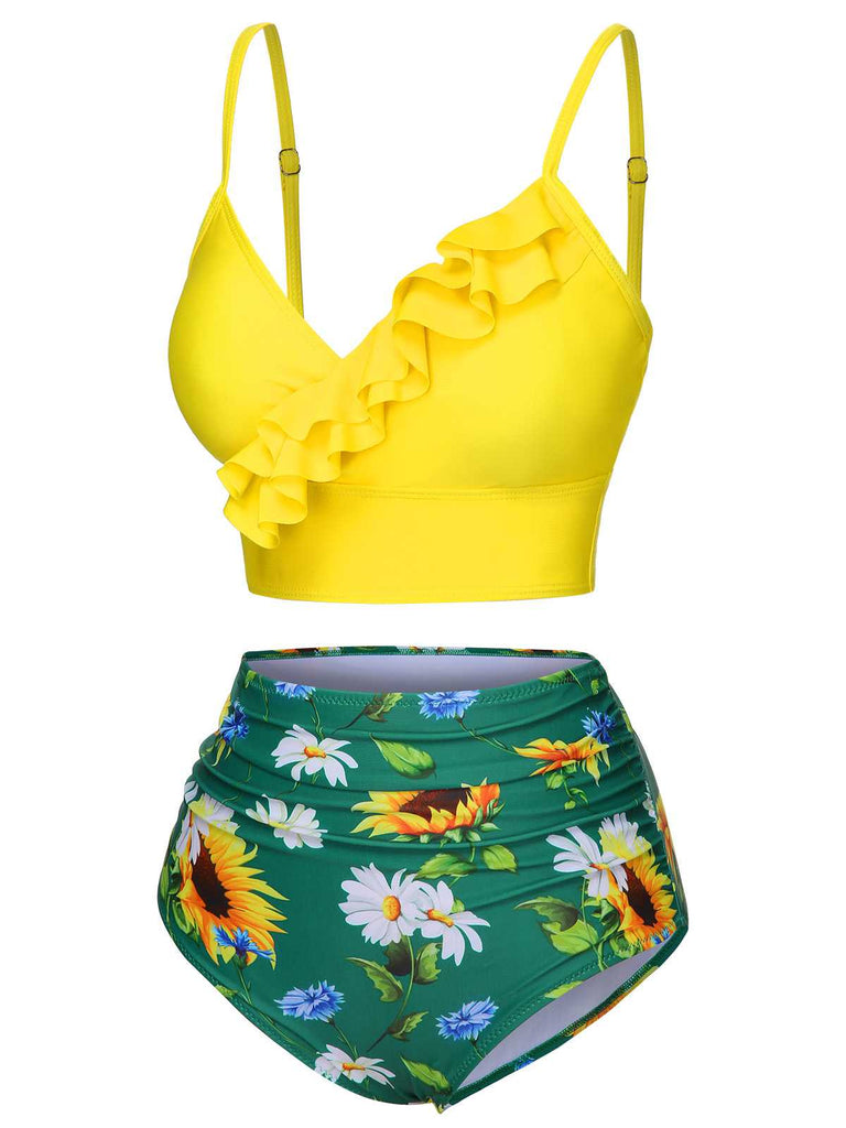 [Pre-Sale] 2PCS Yellow 1950s Sunflower Ruffles V-Neck Swimsuit