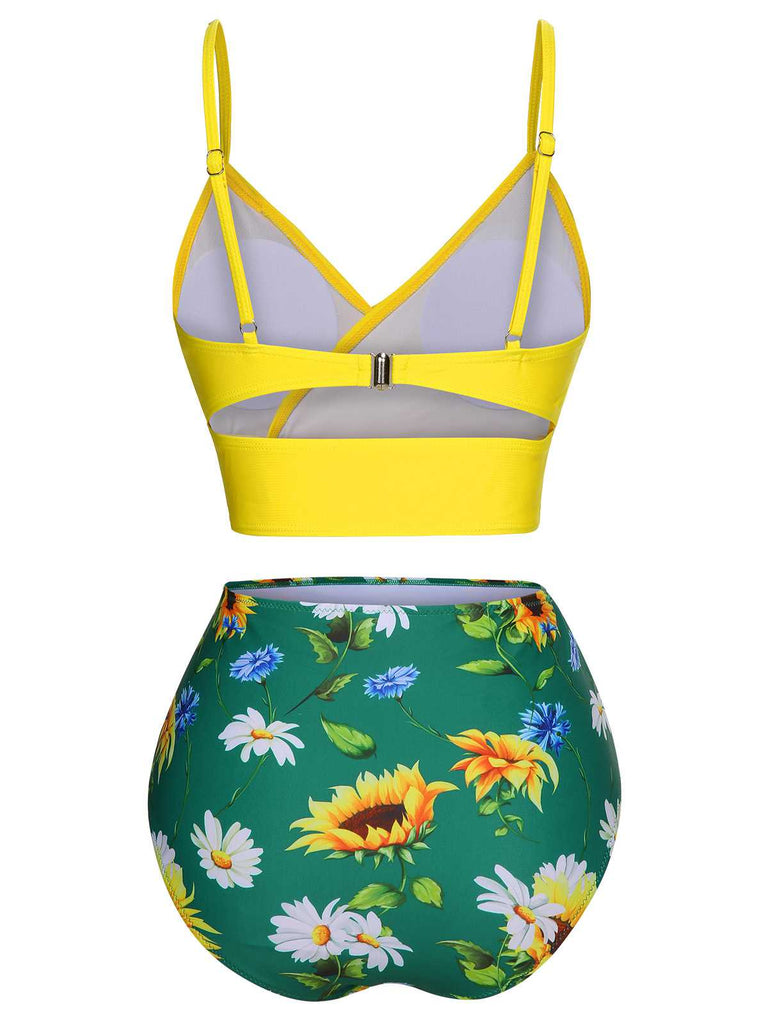 [Pre-Sale] 2PCS Yellow 1950s Sunflower Ruffles V-Neck Swimsuit