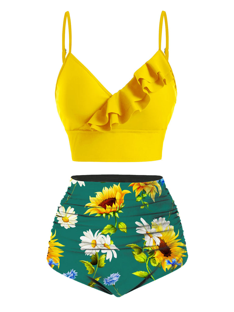 [US Warehouse] 2PCS Yellow 1950s Sunflower Ruffles V-Neck Swimsuit