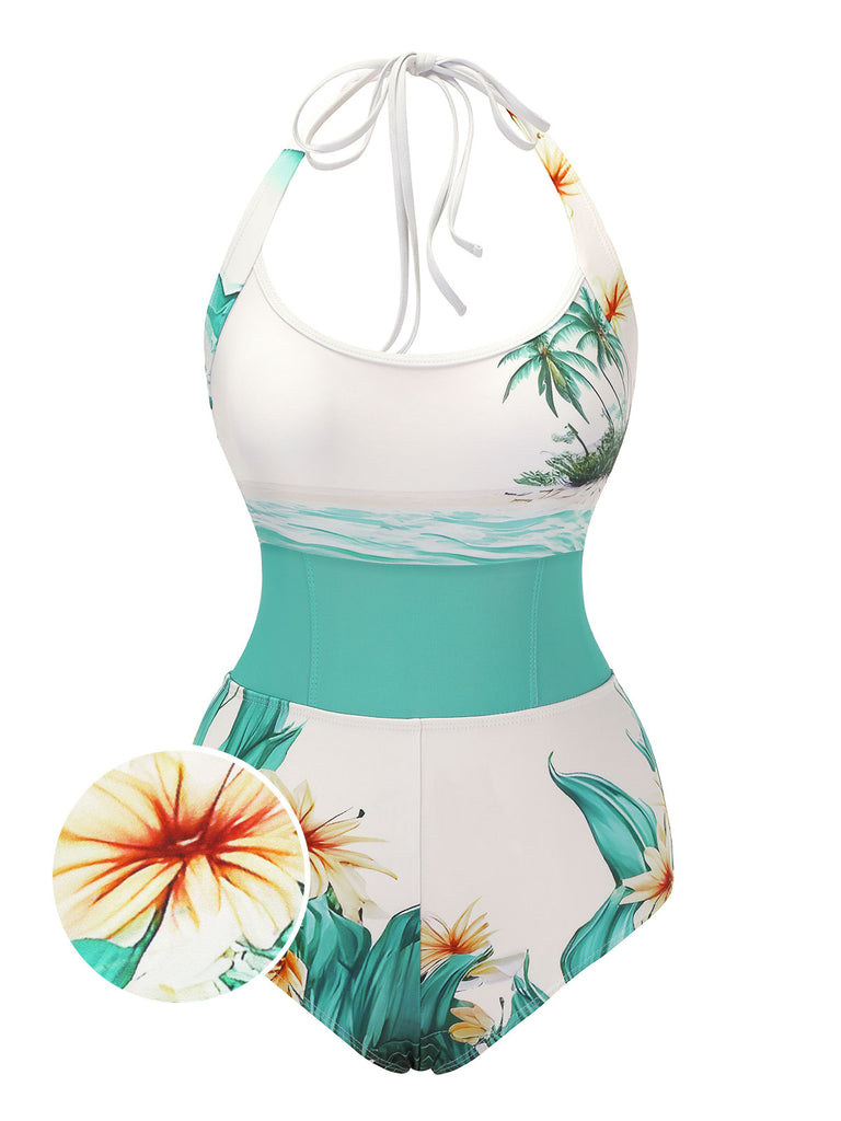 1950s Coconut Tree & Beach Patchwork Swimsuit