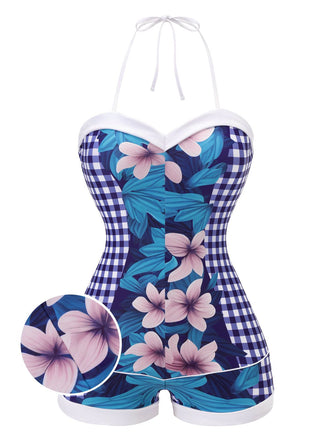 Blue 1950s Plaid Floral Swimsuit