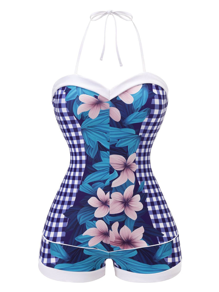 Blue 1950s Plaid & Floral Swimsuit | Retro Stage