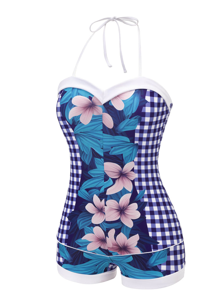 Blue 1950s Plaid&Floral Swimsuit