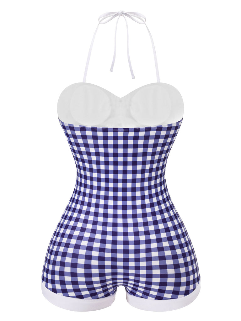 Blue 1950s Plaid&Floral Swimsuit