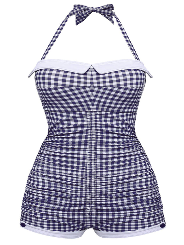 [Pre-Sale] [Plus Size] Blue 1950s Check Halter Bowknot One-piece Swimsuit