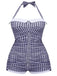 [Pre-Sale] [Plus Size] Blue 1950s Check Halter Bowknot One-piece Swimsuit