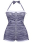 [Pre-Sale] [Plus Size] Blue 1950s Check Halter Bowknot One-piece Swimsuit