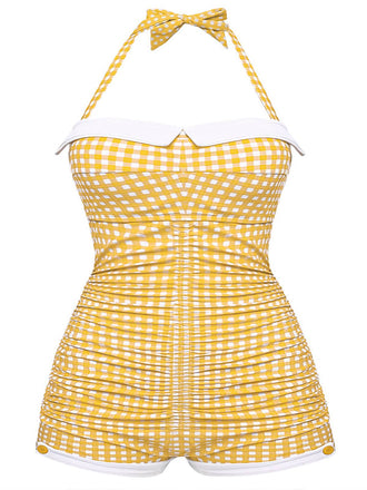 [Plus Size] Yellow 1950s Check Halter Bowknot One-piece Swimsuit