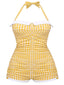 [Plus Size] Yellow 1950s Check Halter Bowknot One-piece Swimsuit