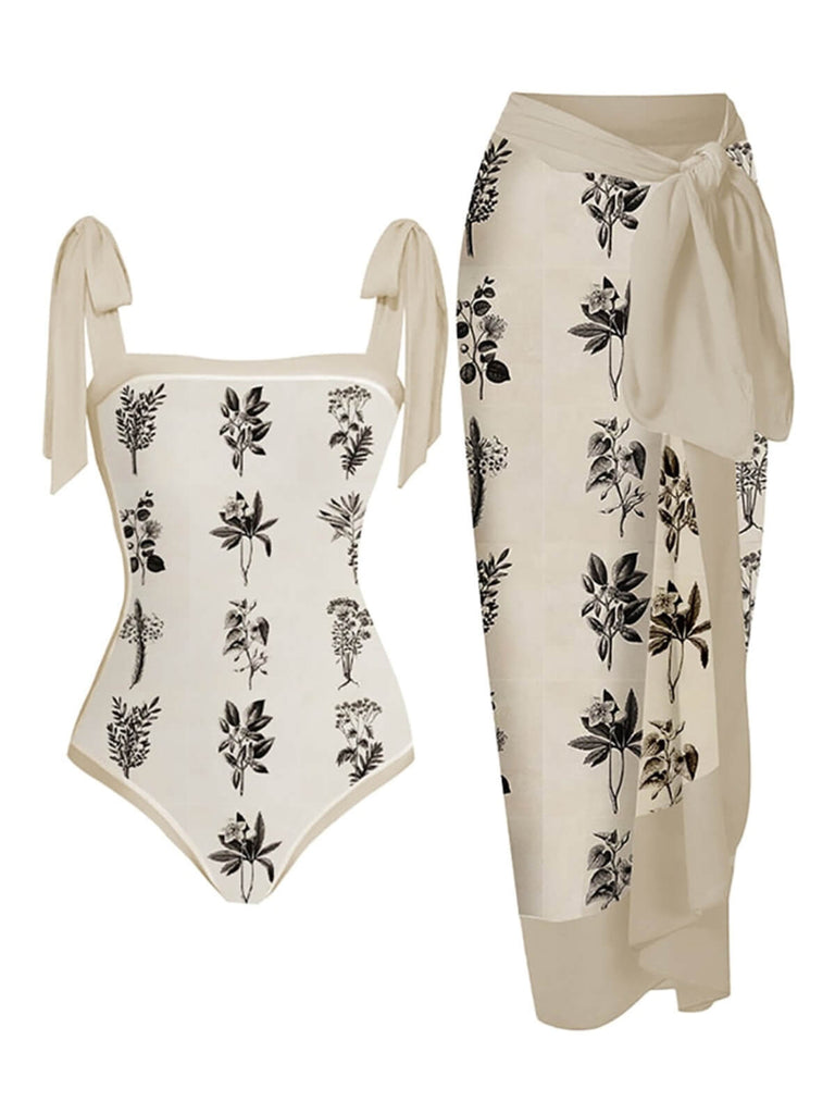 Beige 1950s Ink Floral One-piece Swimsuit & Cover-up