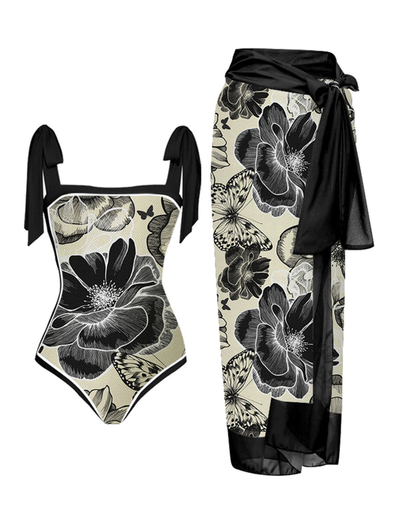 1950s Ink Floral Halter One-Piece Swimsuit