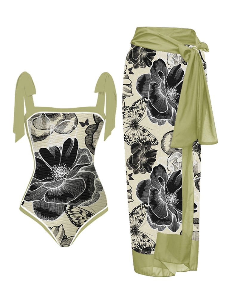 1950s Ink Floral Halter One-Piece Swimsuit