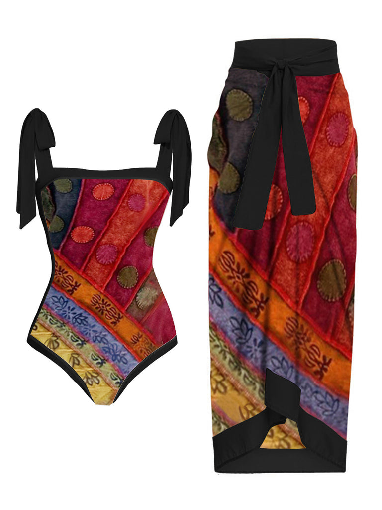 Red 1950s Floral Halter One-Piece Swimsuit & Cover-up