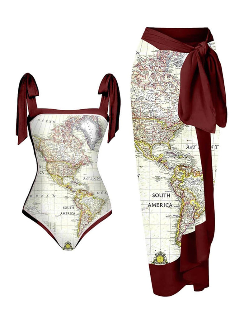 Deep Red 1950s Map One-piece Swimsuit & Cover-up