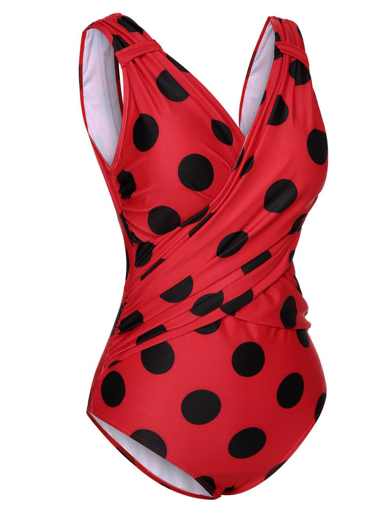 Red 1950s Polka Dots One-Piece Swimsuit
