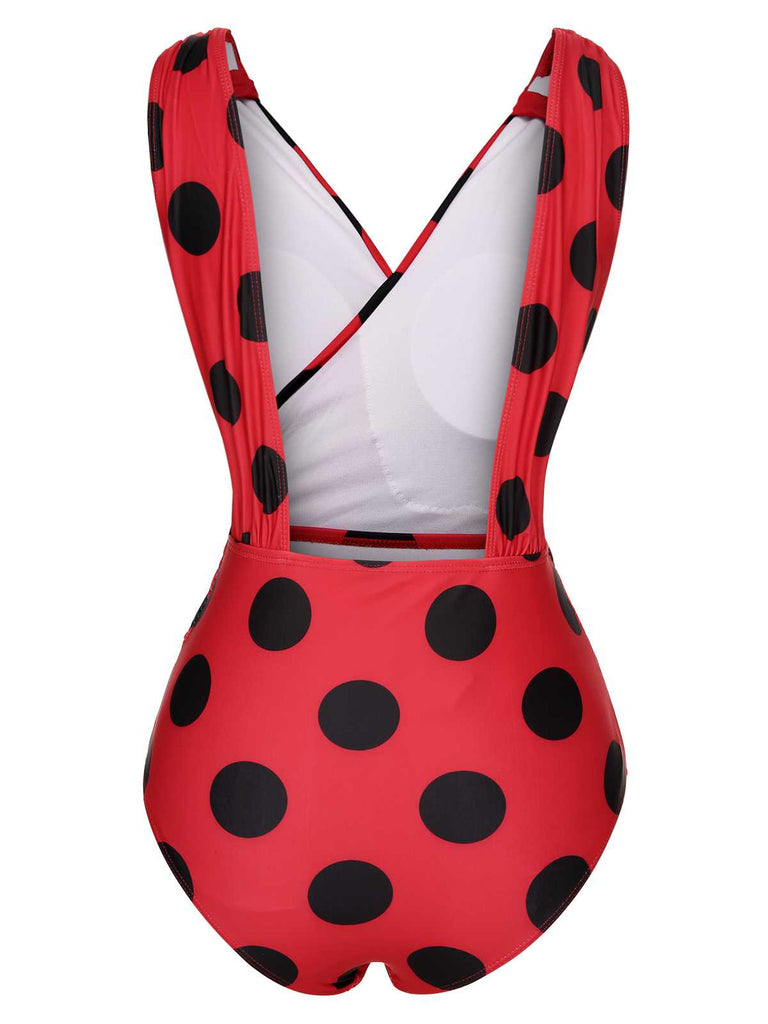 Red 1950s Polka Dots One-Piece Swimsuit