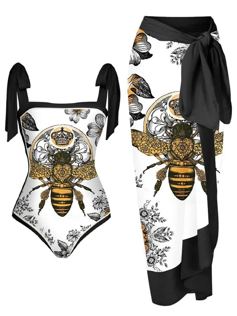 Black & White 1950s Bee Swimsuit & Cover-up