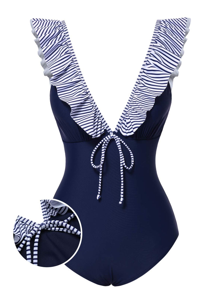 [Pre-Sale] Dark Blue 1940s Striped Ruffled Swimsuit