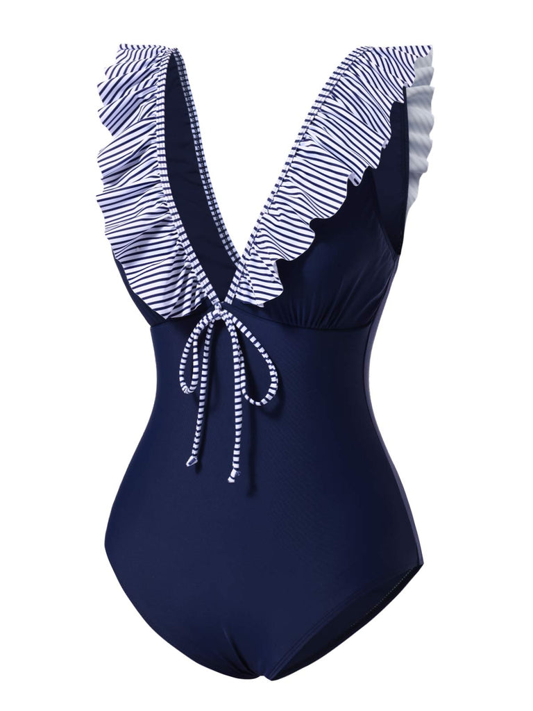 [Pre-Sale] Dark Blue 1940s Striped Ruffled Swimsuit