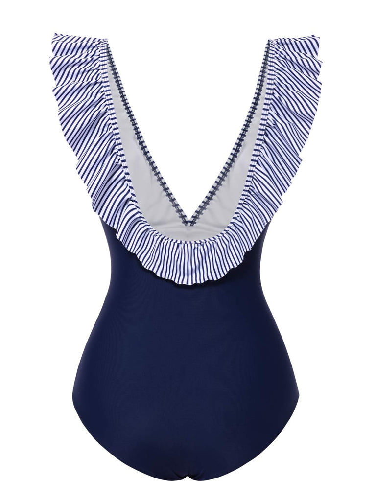 [Pre-Sale] Dark Blue 1940s Striped Ruffled Swimsuit