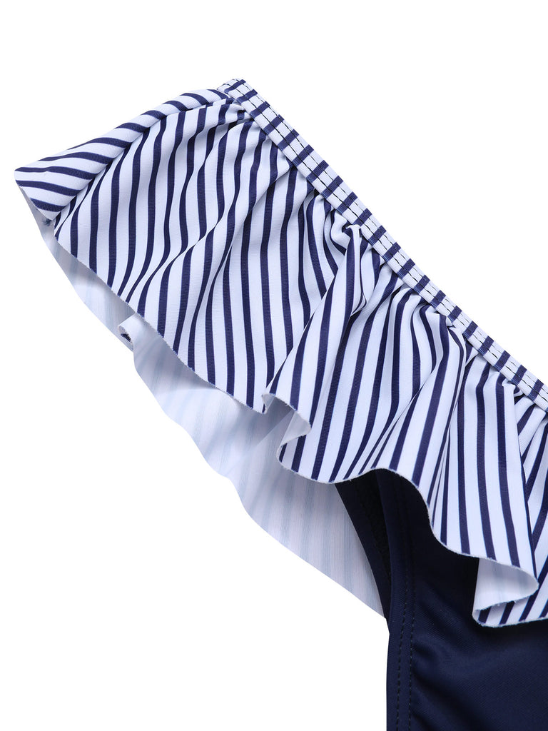 [Pre-Sale] Dark Blue 1940s Striped Ruffled Swimsuit