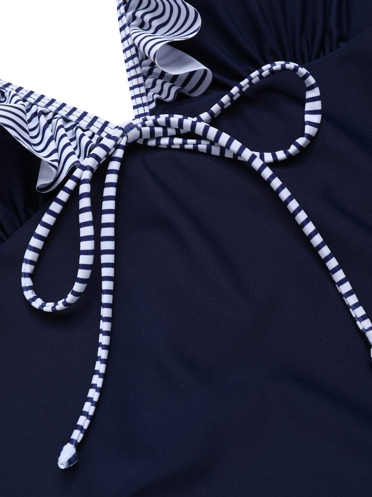 [Pre-Sale] Dark Blue 1940s Striped Ruffled Swimsuit