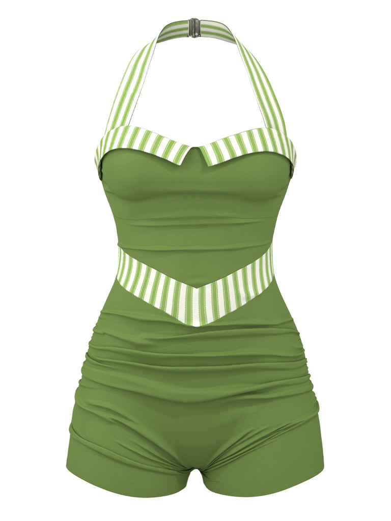 [Pre-Sale] Green 1940s Stripe Patchwork Halter Swimsuit