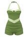 [Pre-Sale] Green 1940s Stripe Patchwork Halter Swimsuit