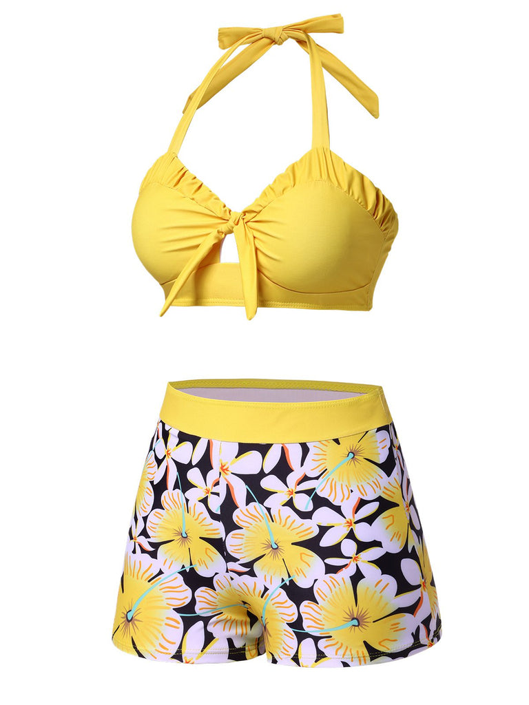Yellow 1960s Floral Backless Halter Hollow Swimsuit