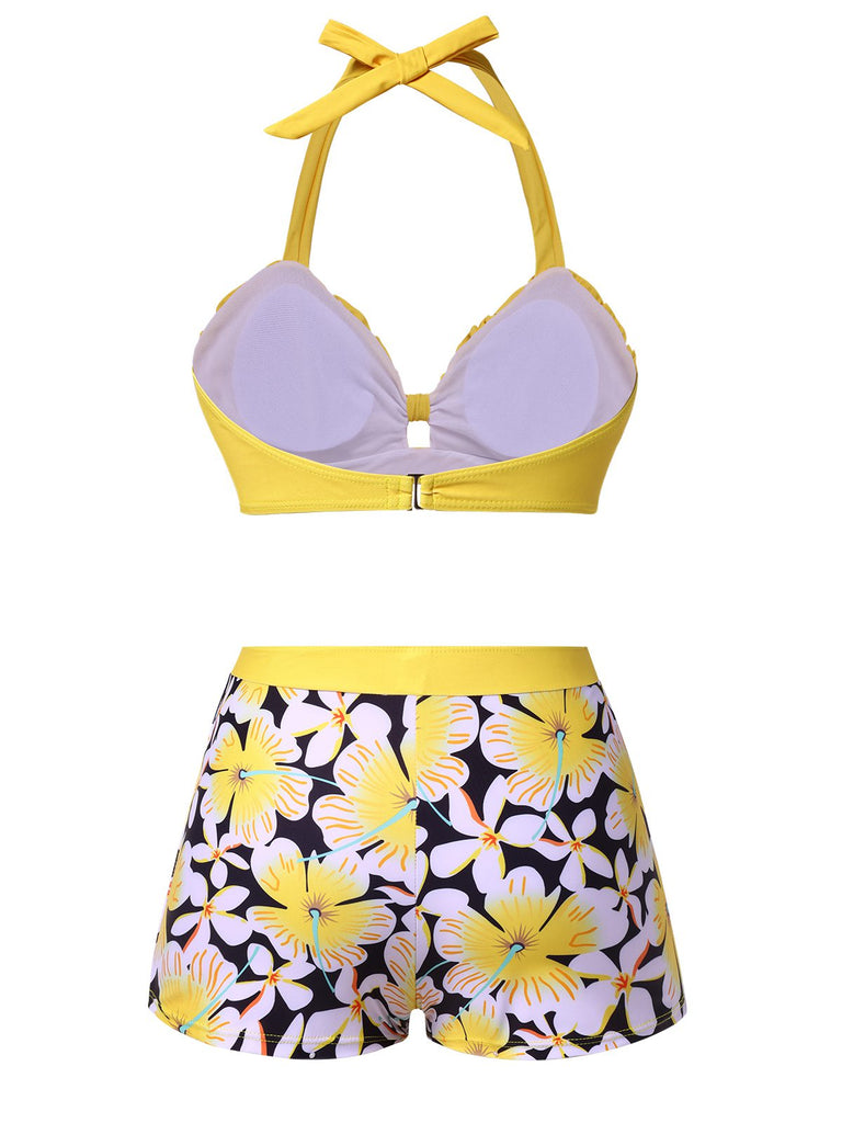 Yellow 1960s Floral Backless Halter Hollow Swimsuit