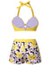 Yellow 1960s Floral Backless Halter Hollow Swimsuit