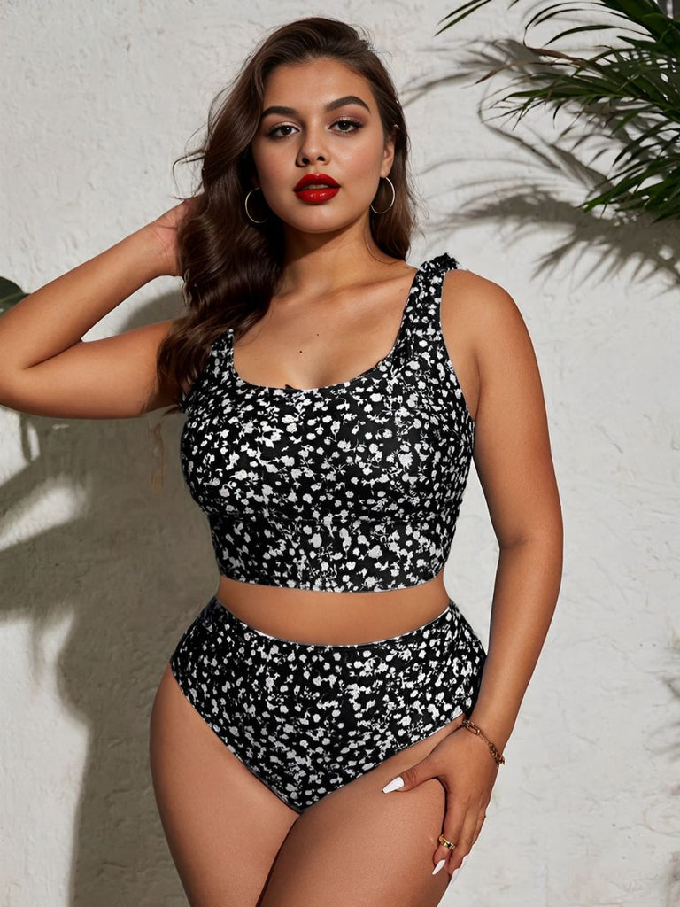 [Plus Size] Black & White 1960s Ditsy Floral Tie-Up Swimsuit
