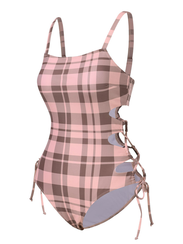 Pink 1950s Side Hollow Lace-Up Plaid Swimsuit