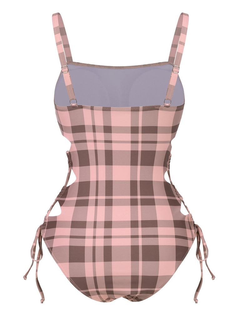 Pink 1950s Side Hollow Lace-Up Plaid Swimsuit