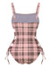 Pink 1950s Side Hollow Lace-Up Plaid Swimsuit