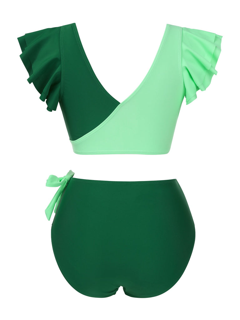 1950s Colorblock Ruffle Ruched Bow Bikini Set
