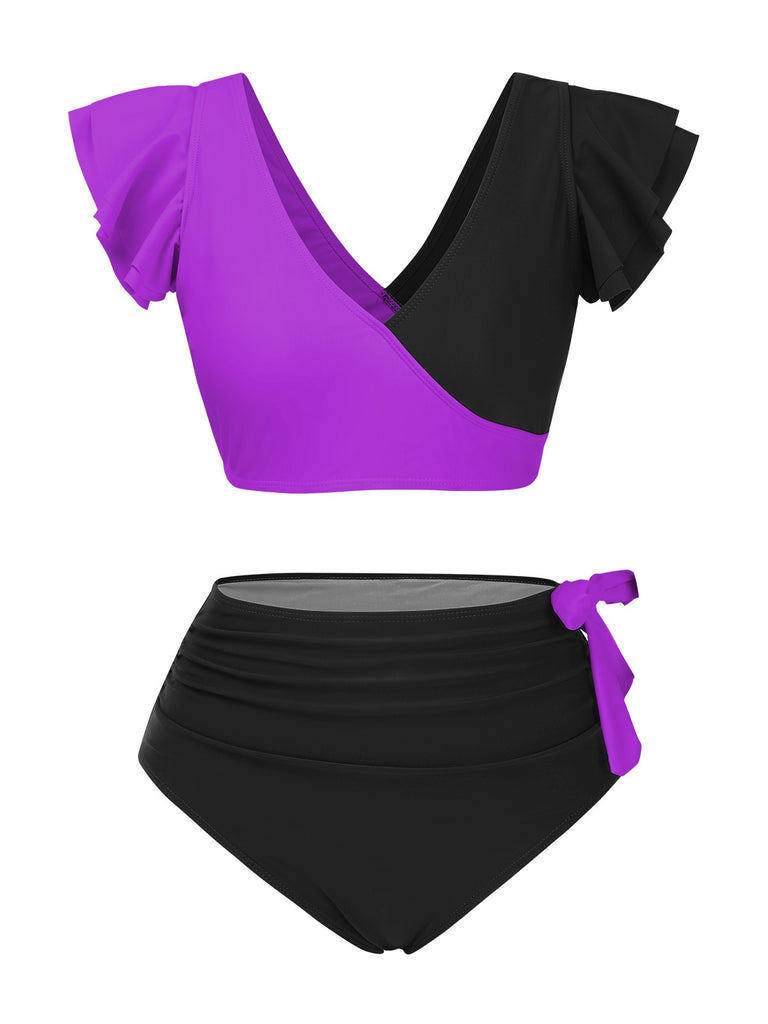 1950s Colorblock Ruffle Ruched Bow Bikini Set