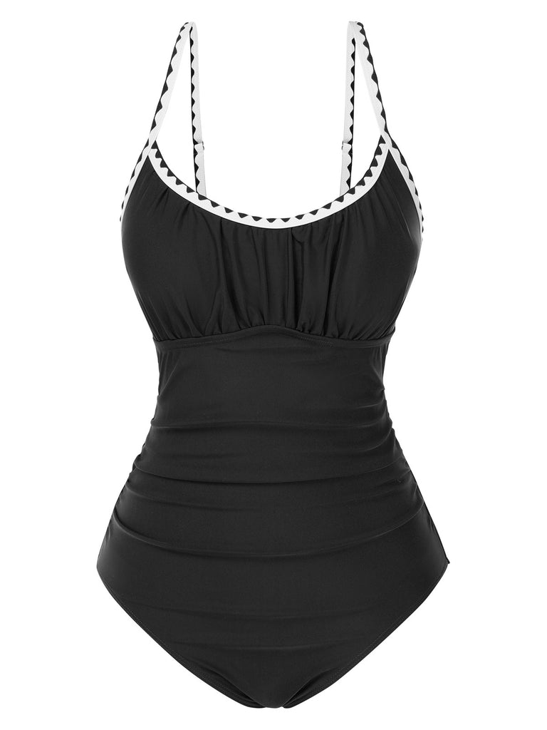 1940s Spaghetti Straps Ruched One-Piece Swimsuit