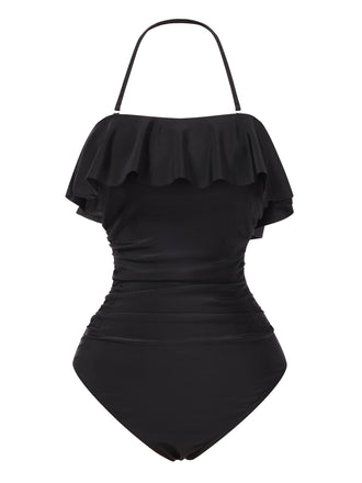 Black 1950s Ruffles Halter One-Piece Swimsuit