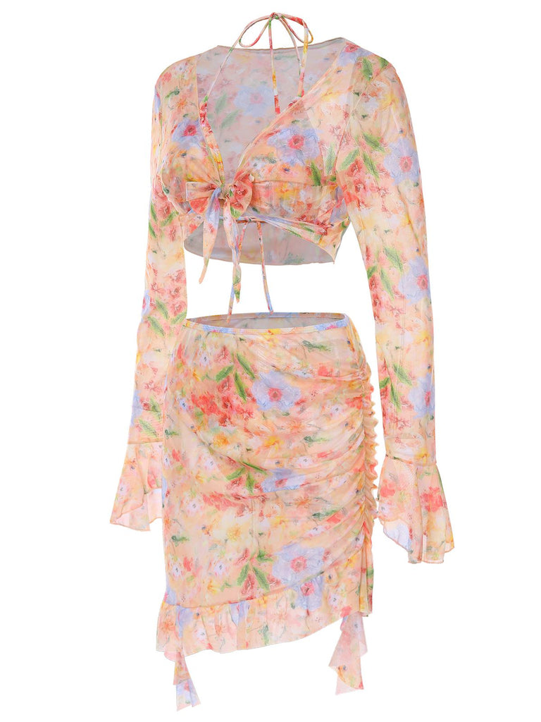 4PCS 1950s Floral Swimsuit Dress Set