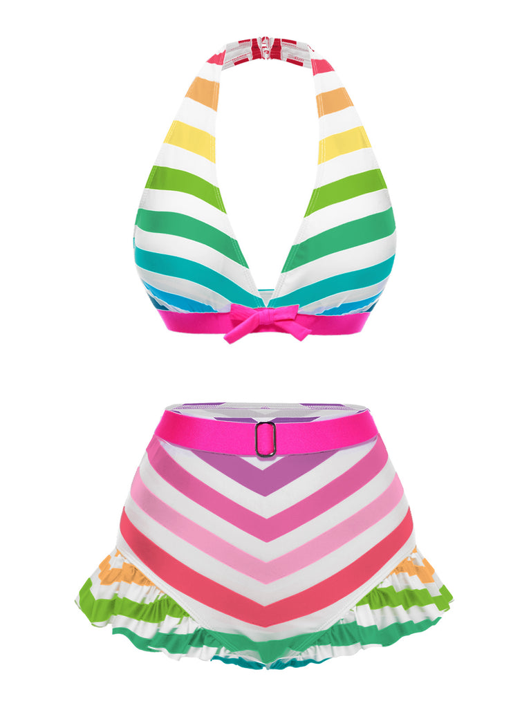 [Pre-Sale] Rainbow 1950s Contrast Bow Ruffle Stripes Bikini