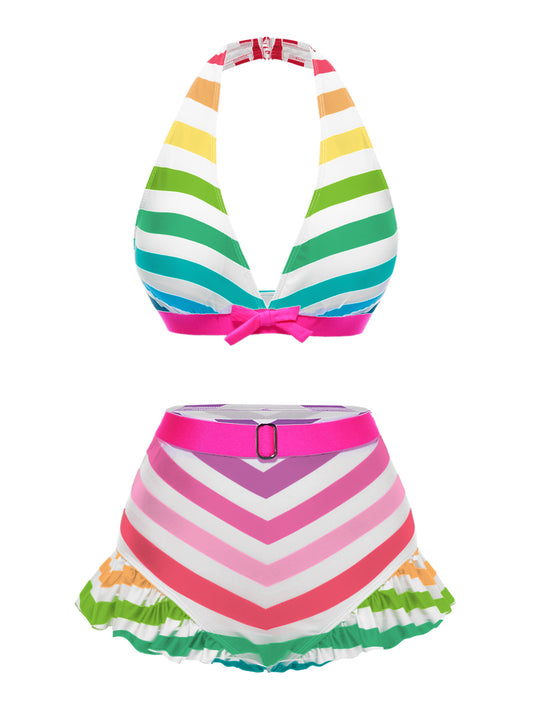 Rainbow 1950s Contrast Bow Ruffle Stripes Bikini