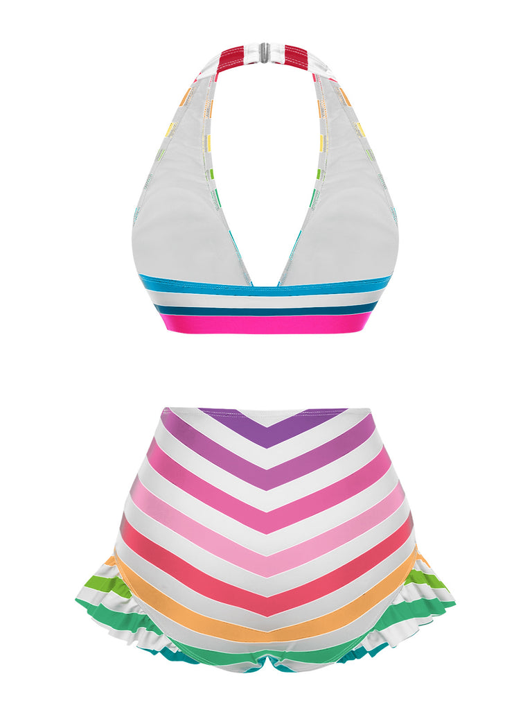 [Pre-Sale] Rainbow 1950s Contrast Bow Ruffle Stripes Bikini