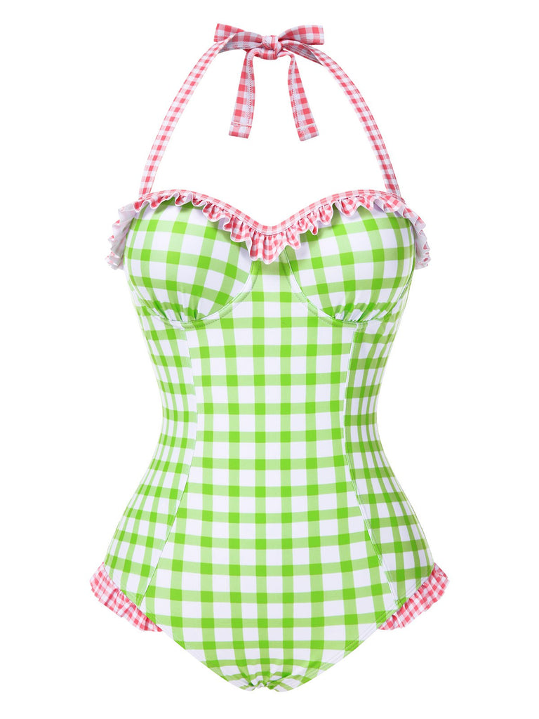 [Pre-Sale] Green 1940s Plaid Ruffled Halter Swimsuit