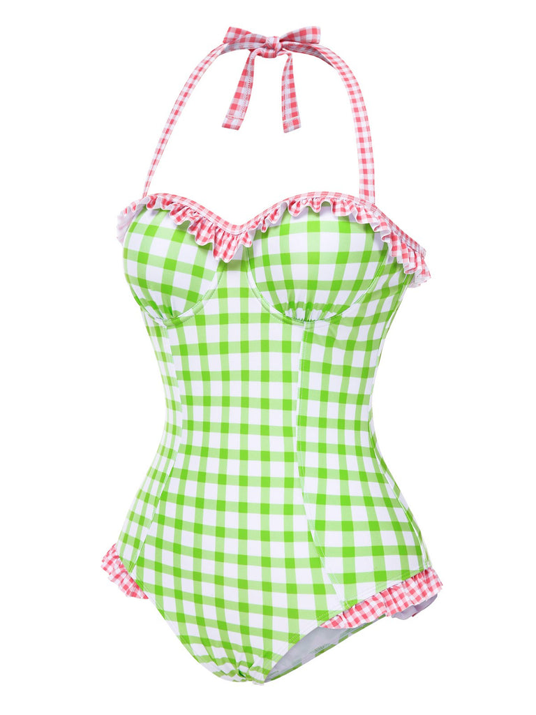 [Pre-Sale] Green 1940s Plaid Ruffled Halter Swimsuit