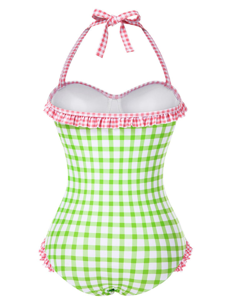 [Pre-Sale] Green 1940s Plaid Ruffled Halter Swimsuit